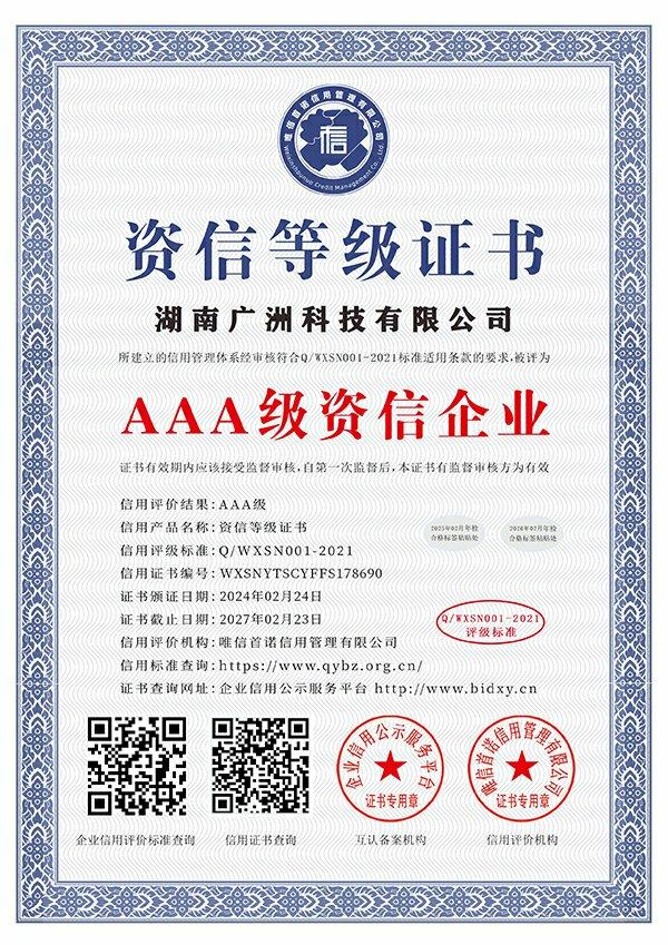 Certificate of AAA level credit rating