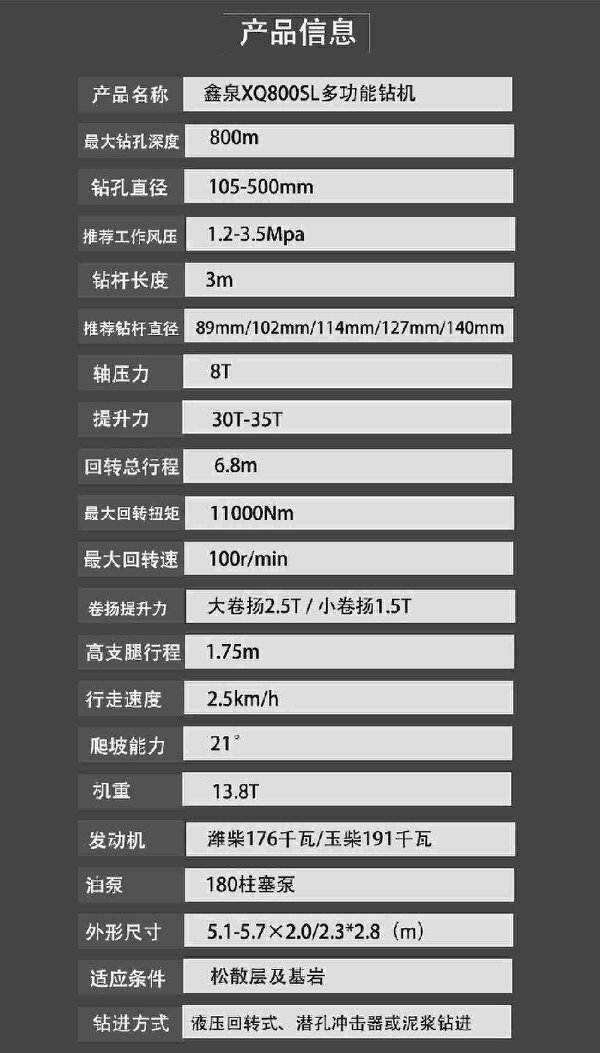 800米水井钻机规格参数